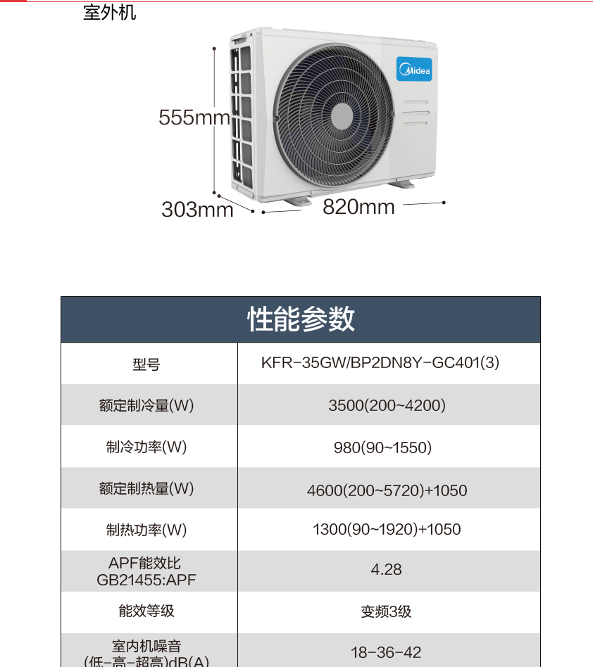 美的新能效 kfr-35gw/bp2dn8y-gc401(3 大1.5匹变频3级空调挂机